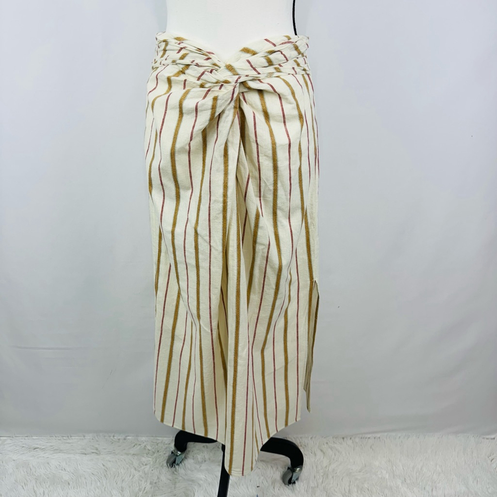 Madewell Twist-Front Sarong Midi Skirt Stripe Womens Cream 2 Side Slit Linen NWT - Picture 7 of 14